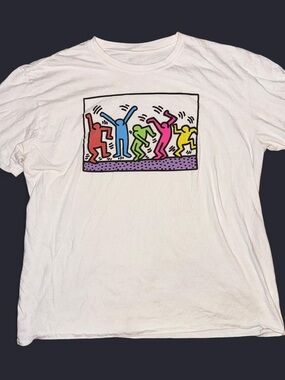 White Short Sleeve Tee with Colorful Dancing Graphic